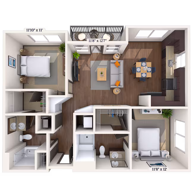 Traditional 2x2 990 SF 501 floor plan